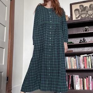 Vintage Woman Within Maxi Dress Size L Plaid Pearl Snap Flannel Peasant 90s